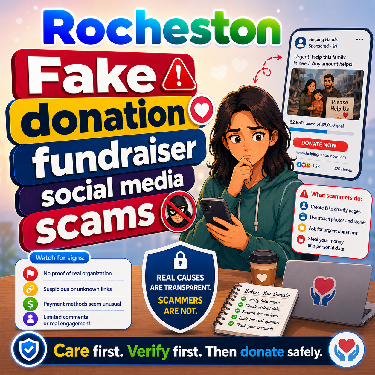 ZelSafe awareness card about fake fundraiser scams on social media